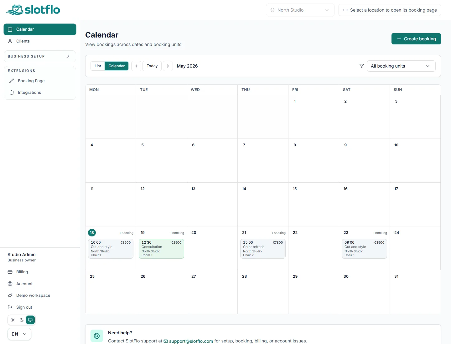 SlotFlo owner calendar with sample bookings and availability